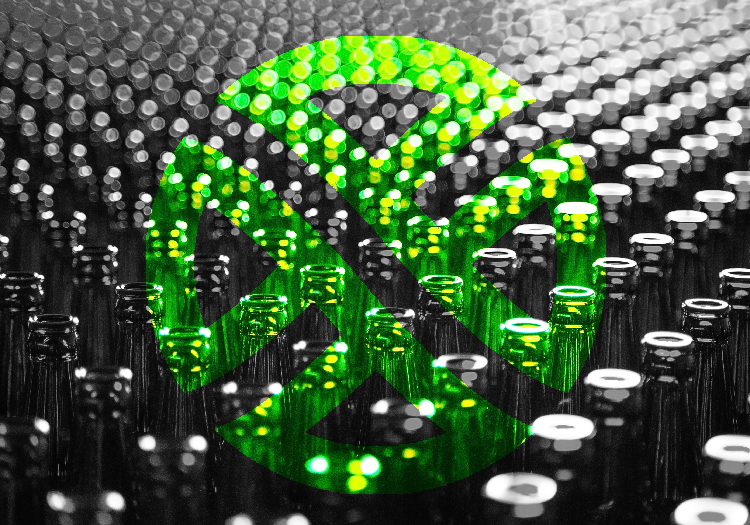 Glass bottle at factory for production of glass containers. Glass bottle texture